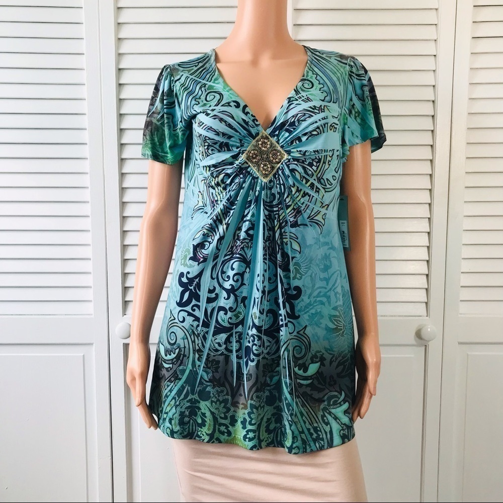 2/$50 APT. 9 Blue Abstract Print Short Sleeve V-Neck Shirt Size 1X